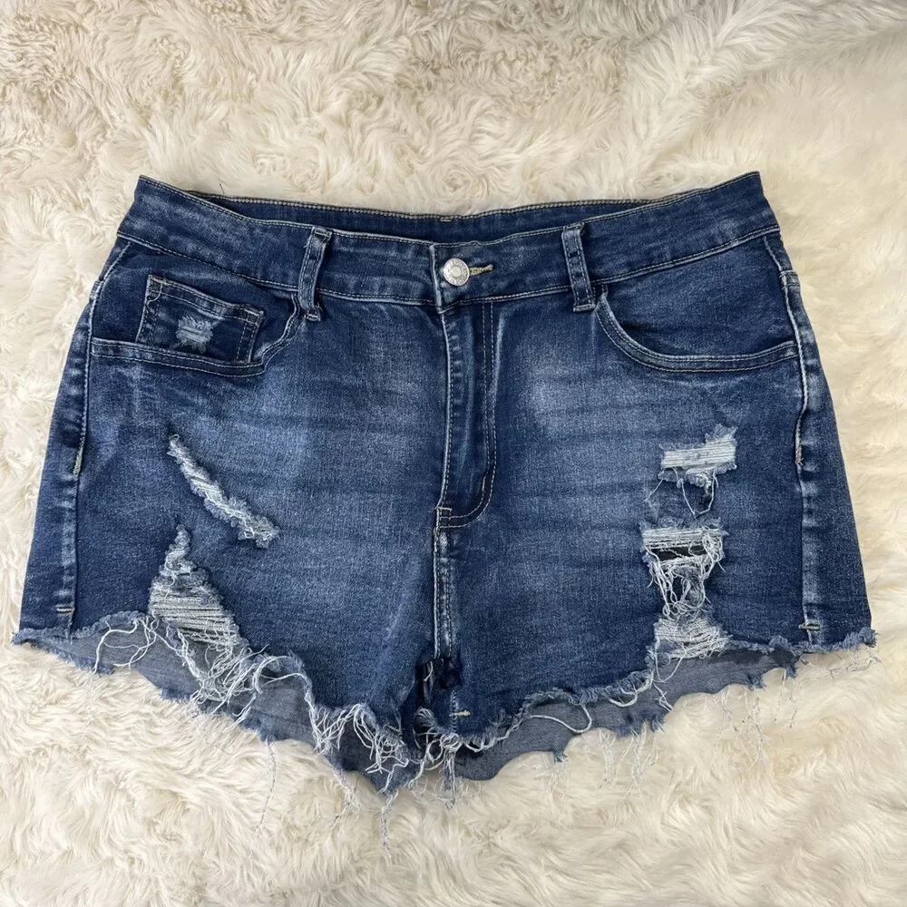 Shein Denim Shorts L (W30 Inseam 2) Blue Distressed Raw Hem Stretch Womens